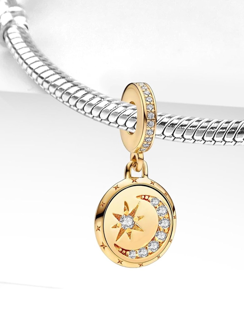 SS Moon & Star Dangle Charm CZ Celestial I Love You to the Moon and Back